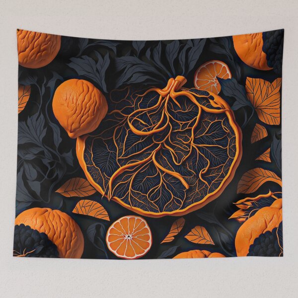 Item preview, "Vibrant 2D Artwork: A Striking Logo Featuring a Black Background and a Burst of Orange Fruit Patterns" designed and sold by Best-Art-32.