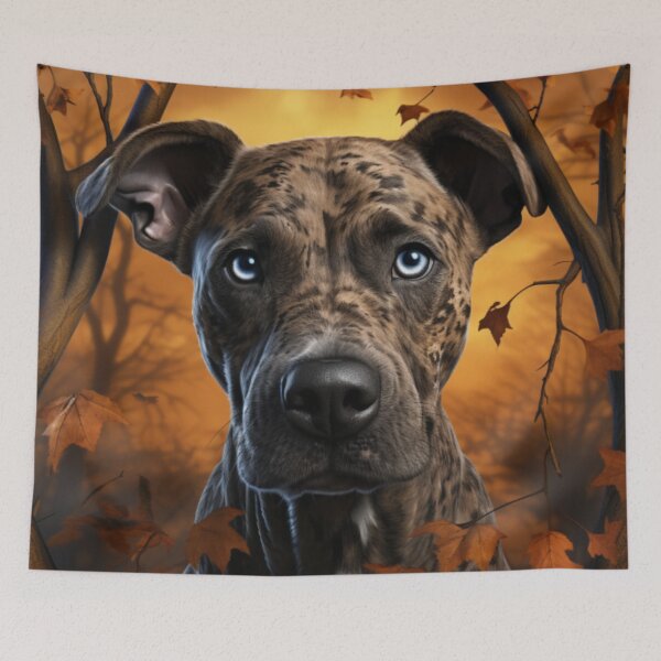 Item preview, Treeing Tennessee Brindle Dog In Autumn designed and sold by ZenEverAI.