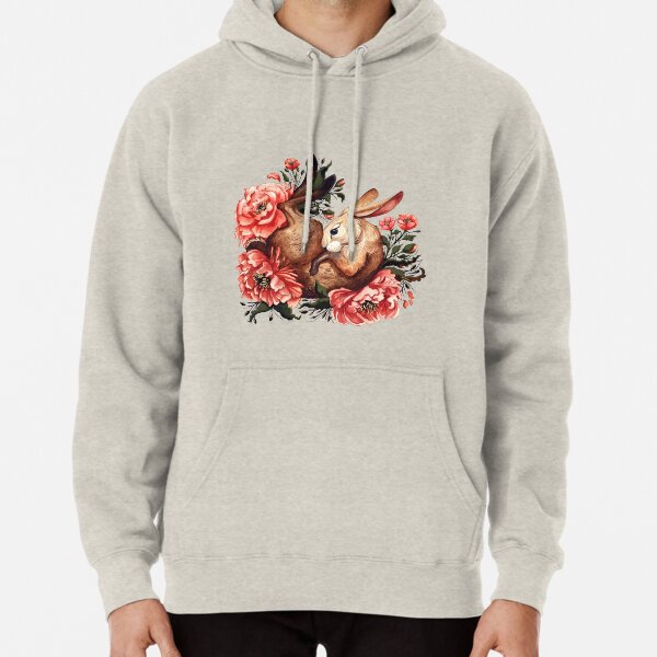 Rabbit and Flowers in Green Pullover Hoodie
