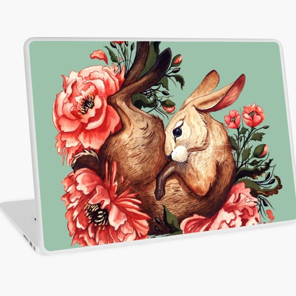 Rabbit and Flowers in Green Laptop Skin