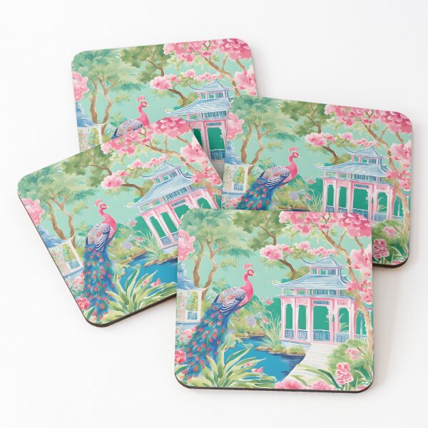 Item preview, Peacock and pink pagoda chinoiserie garden designed and sold by SophieClimaArt.