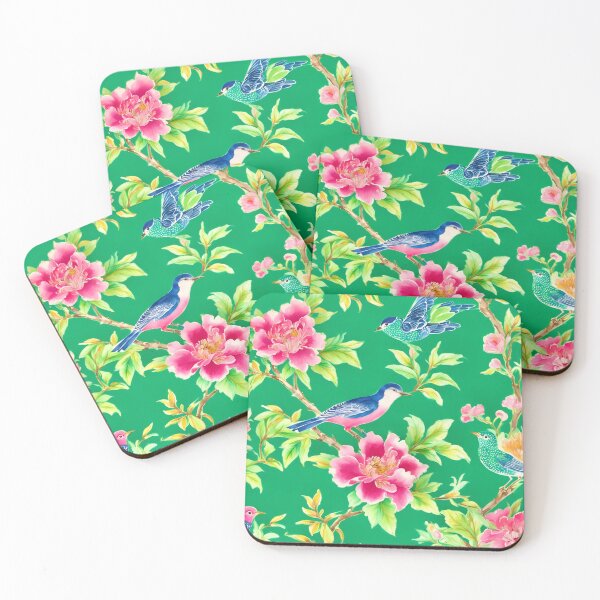 Item preview, Chinoiserie flowers and birds on emerald green designed and sold by SophieClimaArt.