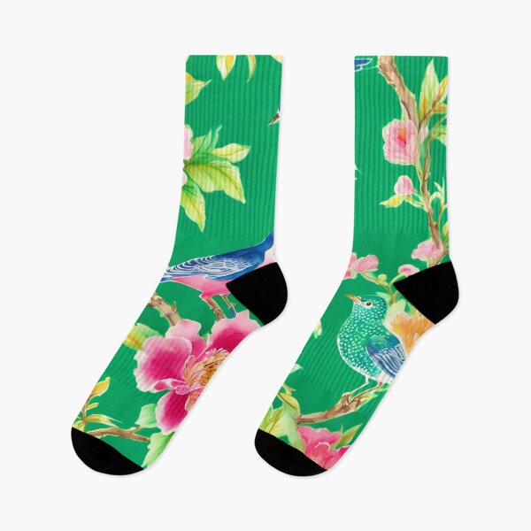 Item preview, Chinoiserie flowers and birds on emerald green designed and sold by SophieClimaArt.