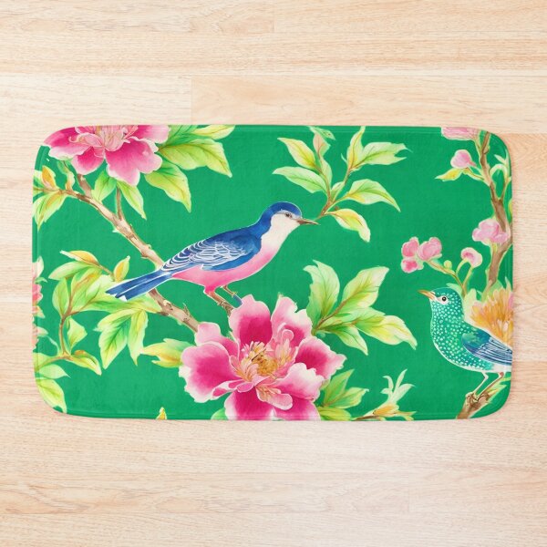Item preview, Chinoiserie flowers and birds on emerald green designed and sold by SophieClimaArt.