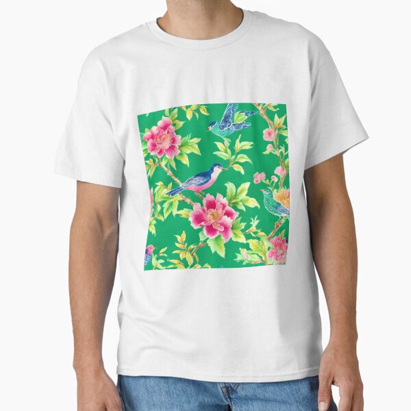 Item preview, Chinoiserie flowers and birds on emerald green designed and sold by SophieClimaArt.