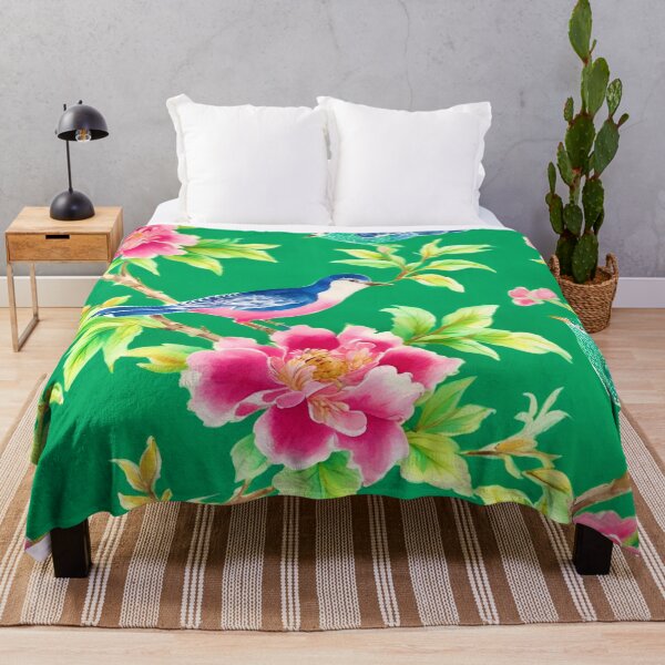 Item preview, Chinoiserie flowers and birds on emerald green designed and sold by SophieClimaArt.