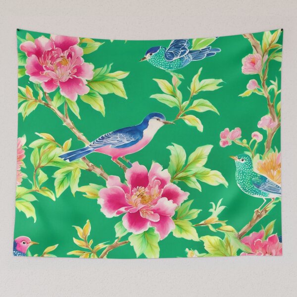 Item preview, Chinoiserie flowers and birds on emerald green designed and sold by SophieClimaArt.