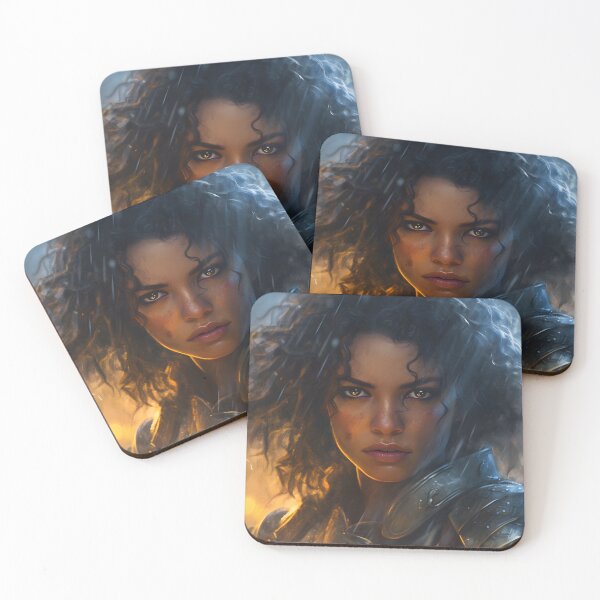 Item preview, Portrait of a young curly dark haired female warrior in medieval style armor during battle designed and sold by Radibor78.