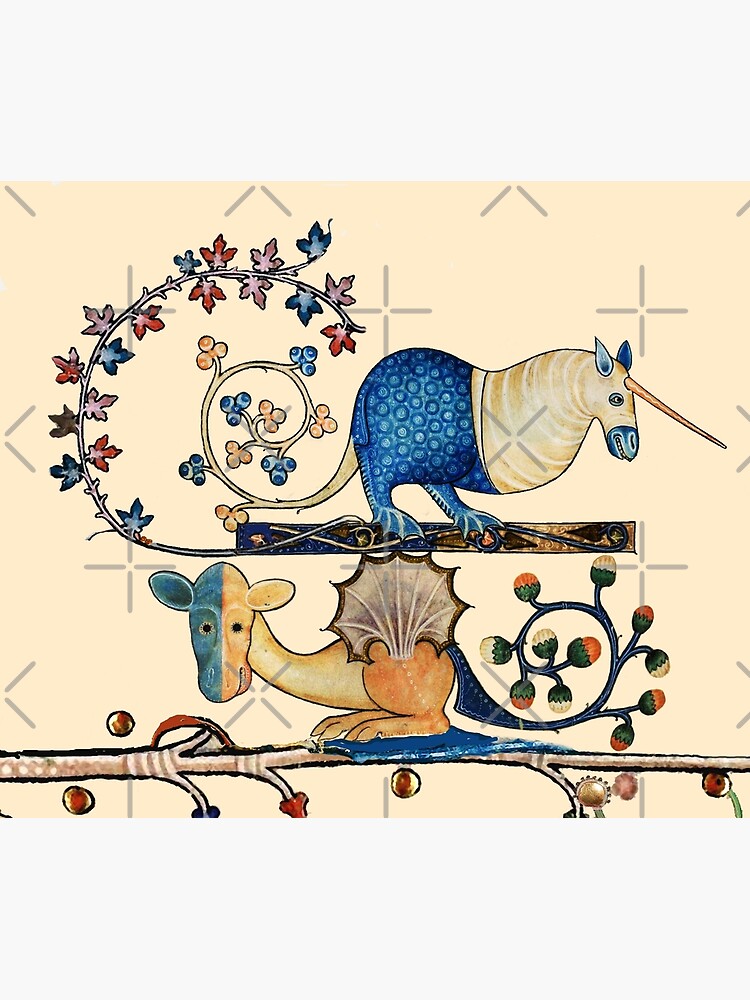 WEIRD MEDIEVAL BESTIARY Sea Unicorn and Dragon with Floral Swirls Tapestry
