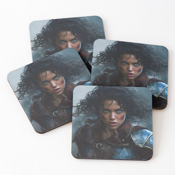 Item preview, Portrait of a young curly dark haired female warrior in medieval style armor during battle designed and sold by Radibor78.
