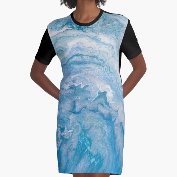 Icy Blue World: Acrylic Pour Painting Graphic T-Shirt Dress