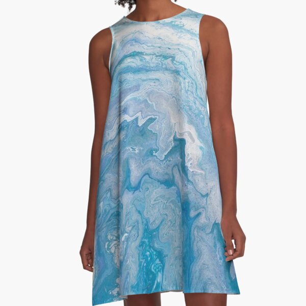Icy Blue World: Acrylic Pour Painting A-Line Dress