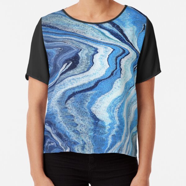 Blue Geode Sparkle: Acrylic Pour Painting Chiffon Top