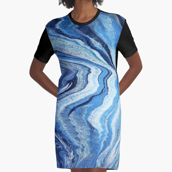 Blue Geode Sparkle: Acrylic Pour Painting Graphic T-Shirt Dress