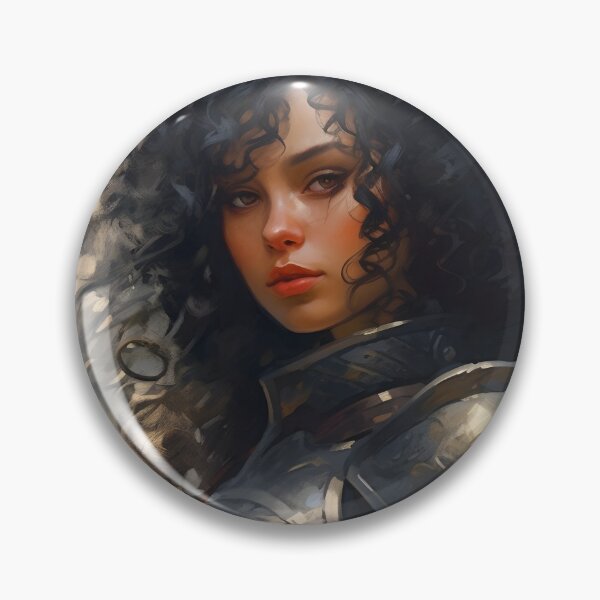 Item preview, Portrait of a young curly dark haired female warrior in a fantasy city setting designed and sold by Radibor78.