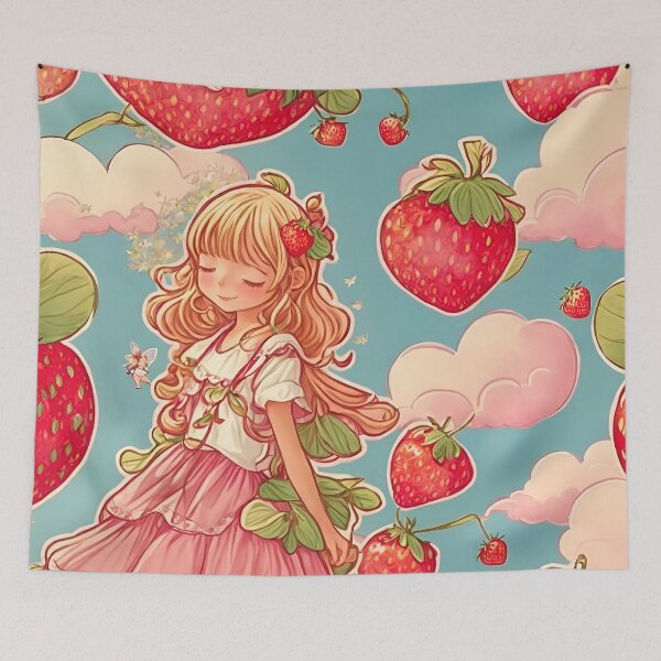 Item preview, Dreaming of Strawberries Kawaii Cute Girl Sleeping in Pink Clouds Strawberry Heaven designed and sold by Maljonic.
