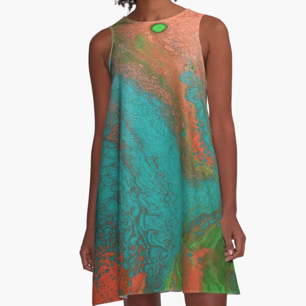Rusty Jade: Acrylic Pour Painting A-Line Dress