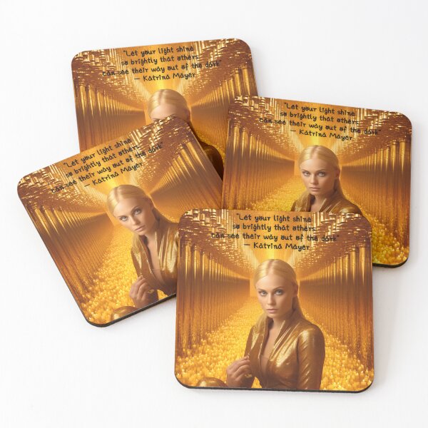 Item preview, Woman in gold accompanied by an inspirational quote and surrounded by candles with spectacular backdrops in the style of celebrity image mashups designed and sold by AI-Only Creations.