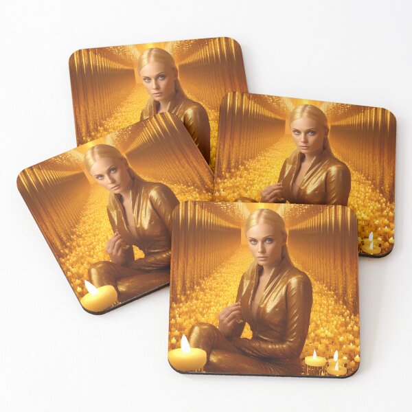 Item preview, Woman in gold surrounded by thousands of romantic golden candles with spectacular backdrops in the style of movie stills designed and sold by AI-Only Creations.