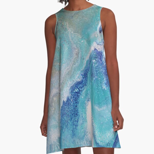 Dancing Tides: Acrylic Pour Painting A-Line Dress
