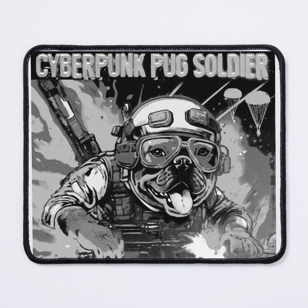 Item preview, Pug Cyberpunk Soldier 17 ALTERNATE Black and White designed and sold by RedBluffTraders.