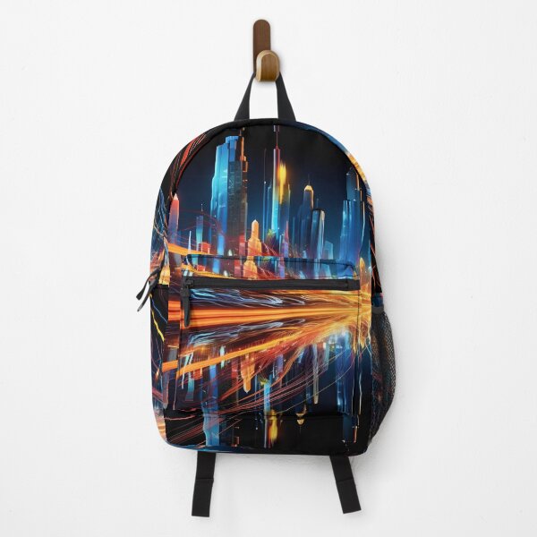 Item preview, An energetic skyline of futuristic New York in the style of speed, motion and fluorescent light trails designed and sold by AI-Only Creations.