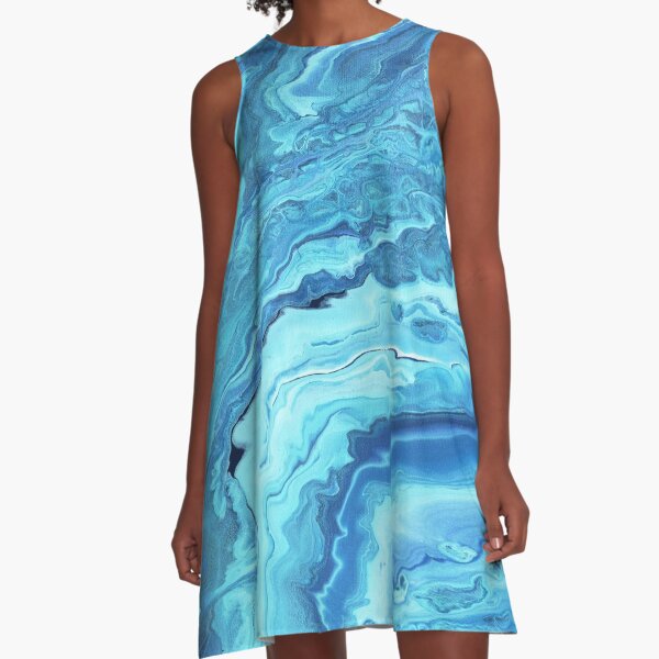 Teal Geode: Acrylic Pour Painting A-Line Dress