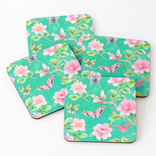 Item preview, Preppy pink and green chinoiserie with peonies and butterflies designed and sold by SophieClimaArt.