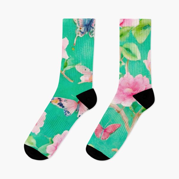 Artikelvorschau, Preppy rosa und grüne Chinoiserie mit Pfingstrosen und Schmetterlingen entworfen und verkauft von SophieClimaArt.