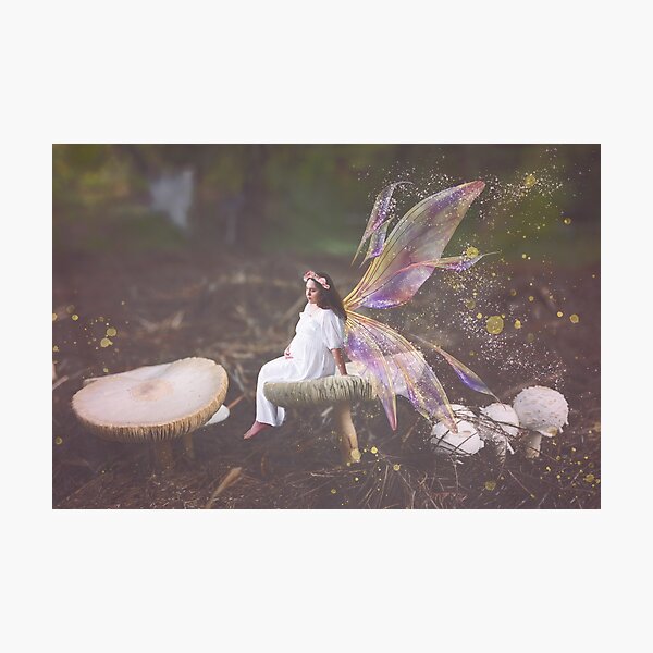 Pregnant fairy takes a break on mushroom chair Photographic Print