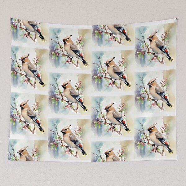 Item preview, waxwing bird, colorful waxwing, waxwing on twig of flower  designed and sold by GreyStanzione1.