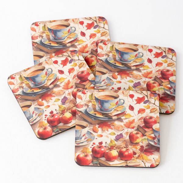 Item preview, Autumn Apple Watercolor Coffee, Leaves, and Books Pattern designed and sold by ClassActCreator.