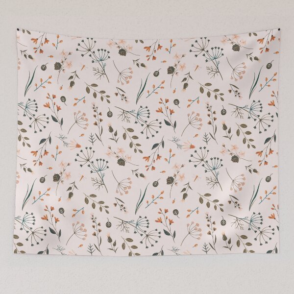 Item preview, orange white and dark green floral pattern with wildflowers on pastel crema background. elegant style designed and sold by fowons.