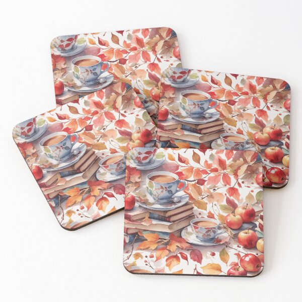 Item preview, Cozy Coffee and Autumn Apples Watercolor Coffee, Leaves, and Books Pattern designed and sold by ClassActCreator.