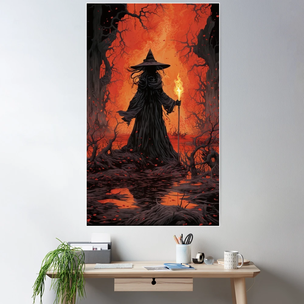 Discount Orange Red Medium Crystal Ball Halloween Witch Magic Powers Fun Framed Horizontal Poster