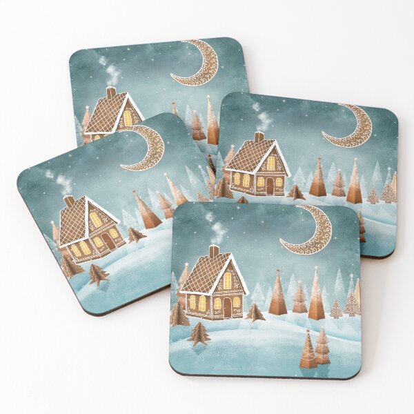 Item preview, Gingerbread house moon and trees watercolor illustration. Fantasy candy world Christmas decorations. Snow hills. Magic winter forest designed and sold by likapix.