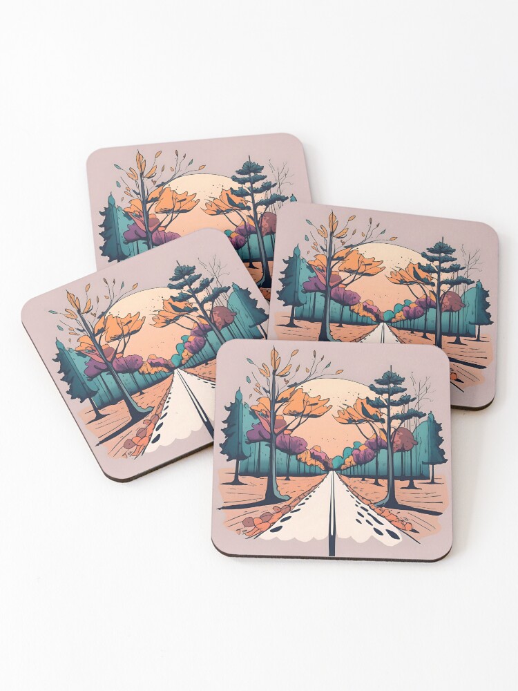Thumbnail 1 of 5, Coasters (Set of 4), Autumn Forest Minimalistic Drawing designed and sold by Patricks-Art.