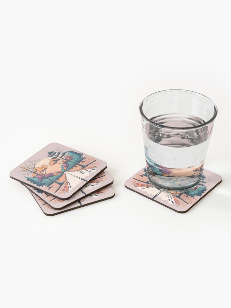 Thumbnail 2 of 5, Coasters (Set of 4), Autumn Forest Minimalistic Drawing designed and sold by Patricks-Art.