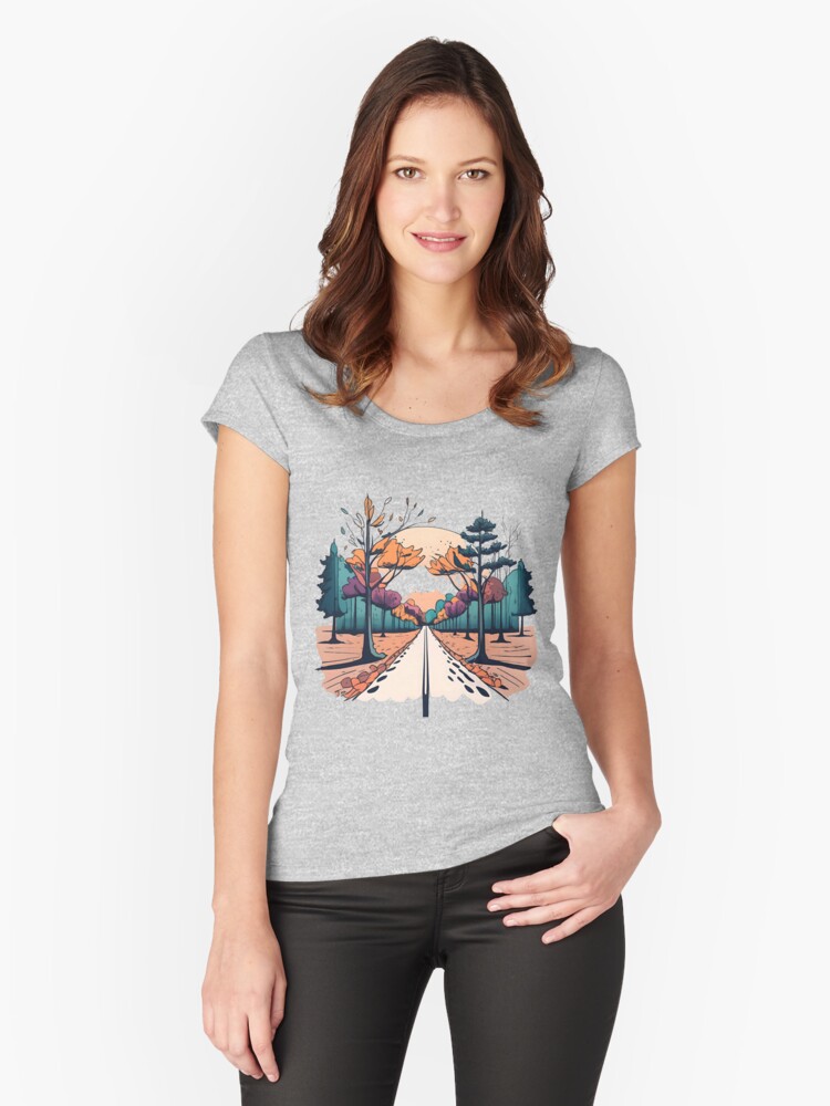 Thumbnail 1 of 3, Fitted Scoop T-Shirt, Autumn Forest Minimalistic Drawing designed and sold by Patricks-Art.
