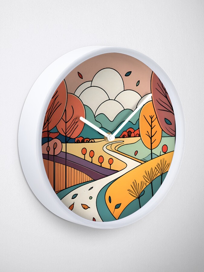 Thumbnail 1 of 4, Clock, Autumn Landscape Minimalistic Drawing designed and sold by Patricks-Art.