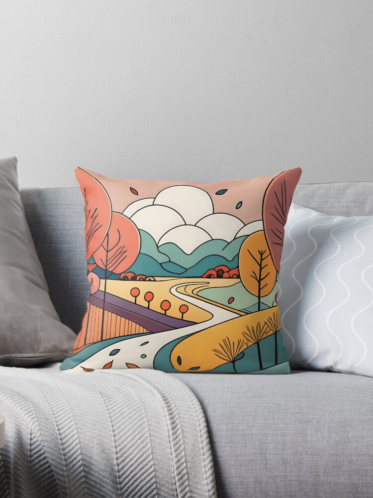 Thumbnail 1 of 4, Pillow, Autumn Landscape Minimalistic Drawing designed and sold by Patricks-Art.