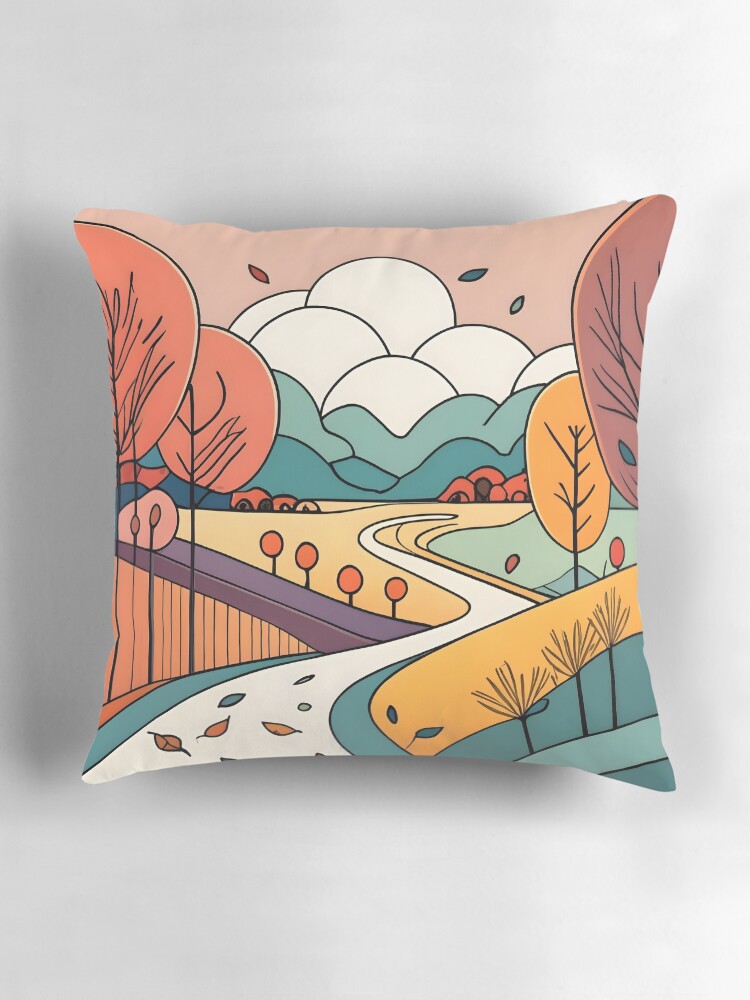 Thumbnail 3 of 4, Pillow, Autumn Landscape Minimalistic Drawing designed and sold by Patricks-Art.