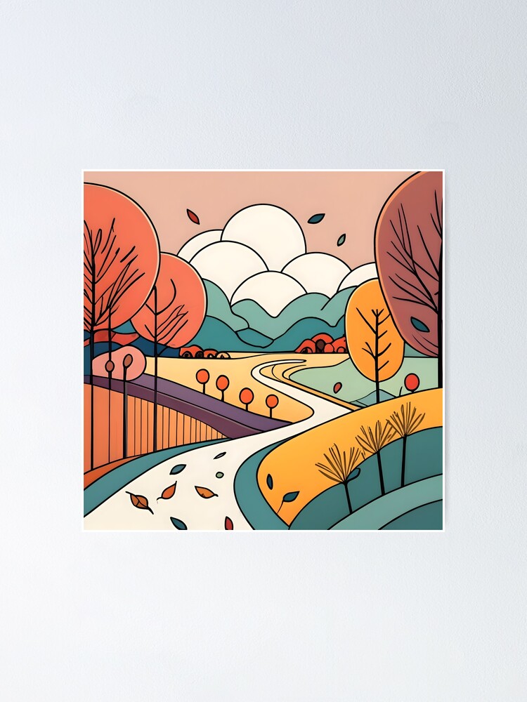 Thumbnail 1 of 3, Poster, Autumn Landscape Minimalistic Drawing designed and sold by Patricks-Art.