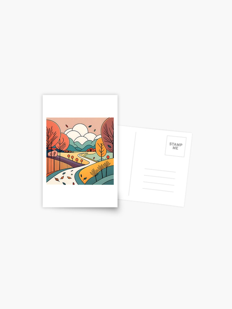 Thumbnail 1 of 2, Postcard, Autumn Landscape Minimalistic Drawing designed and sold by Patricks-Art.