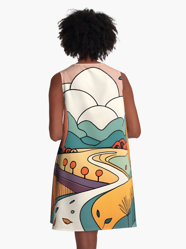 Thumbnail 3 of 4, A-Line Dress, Autumn Landscape Minimalistic Drawing designed and sold by Patricks-Art.