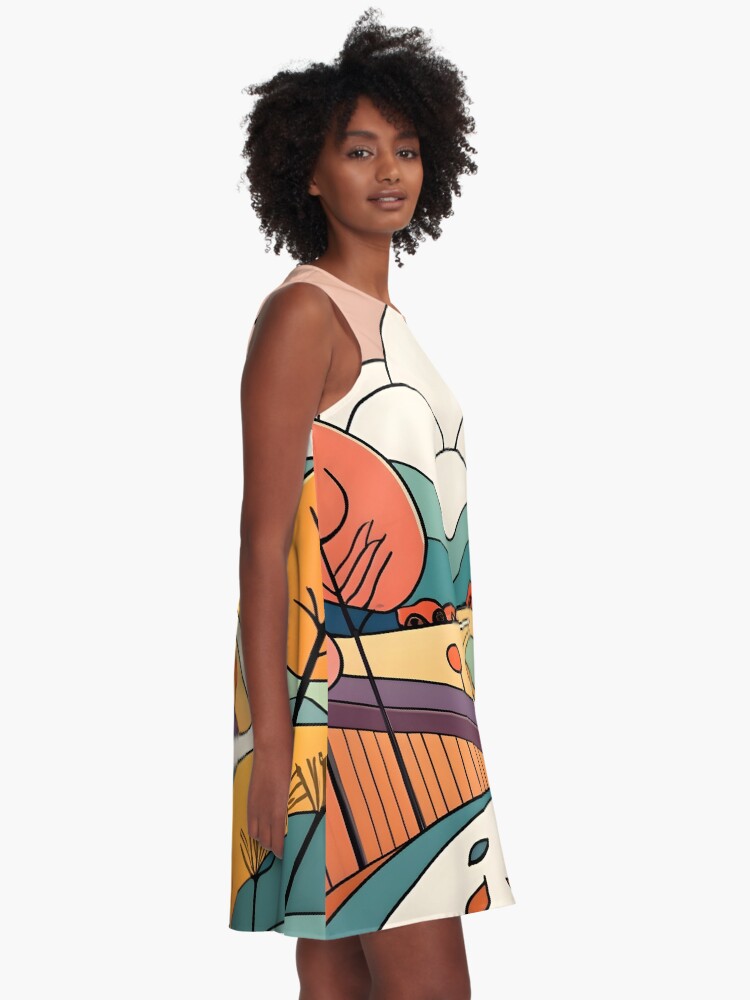 Thumbnail 2 of 4, A-Line Dress, Autumn Landscape Minimalistic Drawing designed and sold by Patricks-Art.