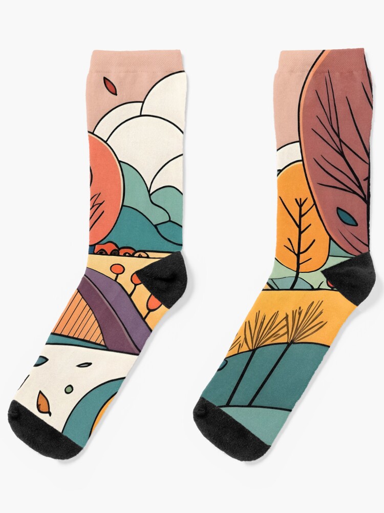 Thumbnail 1 of 5, Socks, Autumn Landscape Minimalistic Drawing designed and sold by Patricks-Art.