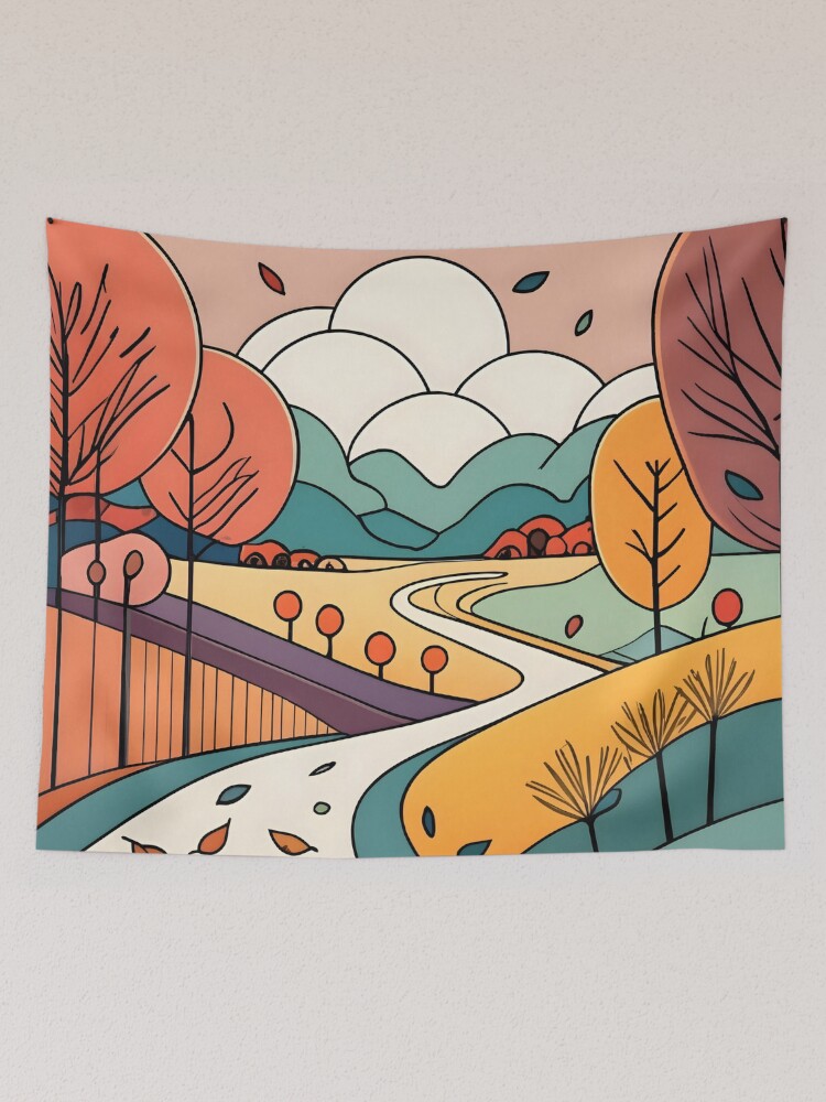 Thumbnail 2 of 3, Tapestry, Autumn Landscape Minimalistic Drawing designed and sold by Patricks-Art.