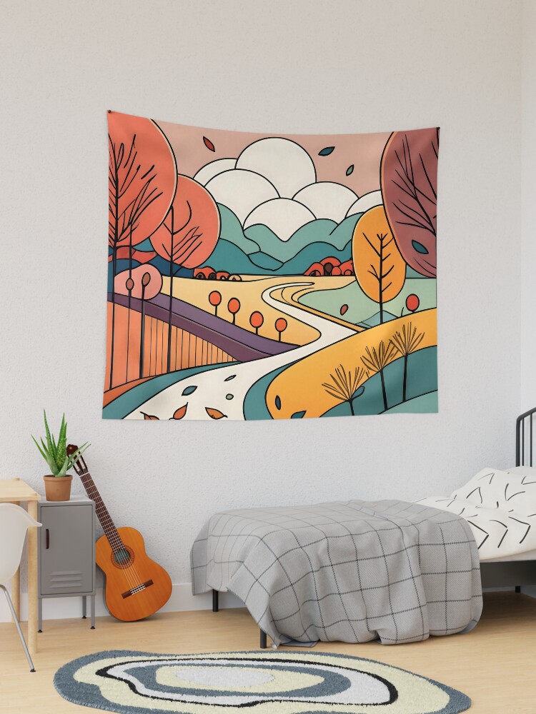 Thumbnail 1 of 3, Tapestry, Autumn Landscape Minimalistic Drawing designed and sold by Patricks-Art.