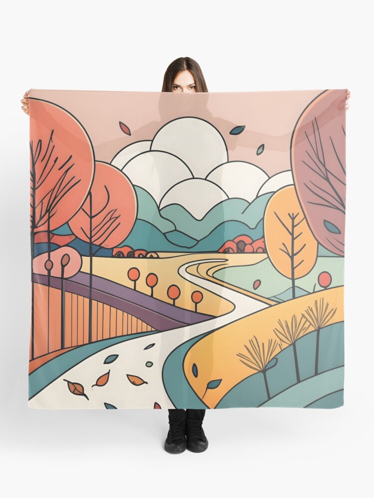 Thumbnail 1 of 3, Scarf, Autumn Landscape Minimalistic Drawing designed and sold by Patricks-Art.